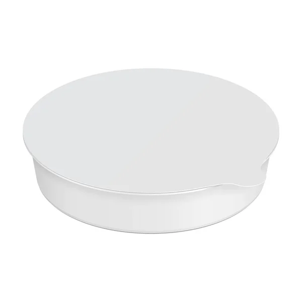 Plateau alimentaire en plastique blanc vide rond en polystyrène blanc peut boîte de conteneur, couverture. Illustration isolée sur fond blanc. Modèle maquillé prêt pour votre conception. Vecteur EPS10 — Image vectorielle