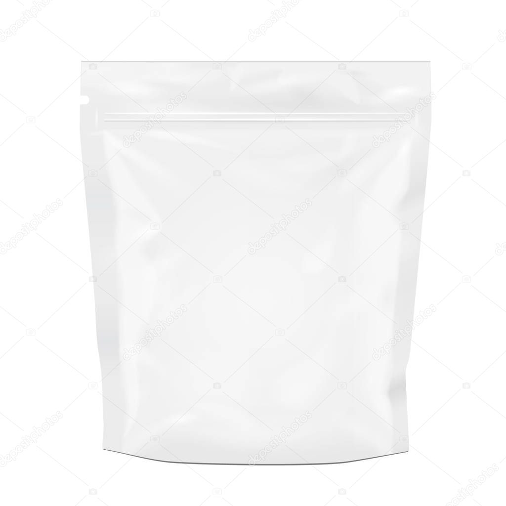 Blank Foil Food Or Drink Doy pack Bag Packaging. Illustration Isolated On White Background. Mock Up, Mockup Template Ready For Your Design. Vector EPS10