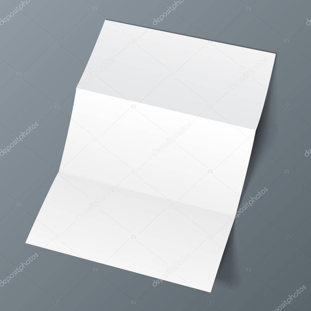Blank Trifold Paper Leaflet, Flyer, Broadsheet, Flier, Follicle, Leaf A4 With Shadows. On Gray Background Isolated. Mock Up Template Ready For Your Design. Vector EPS10