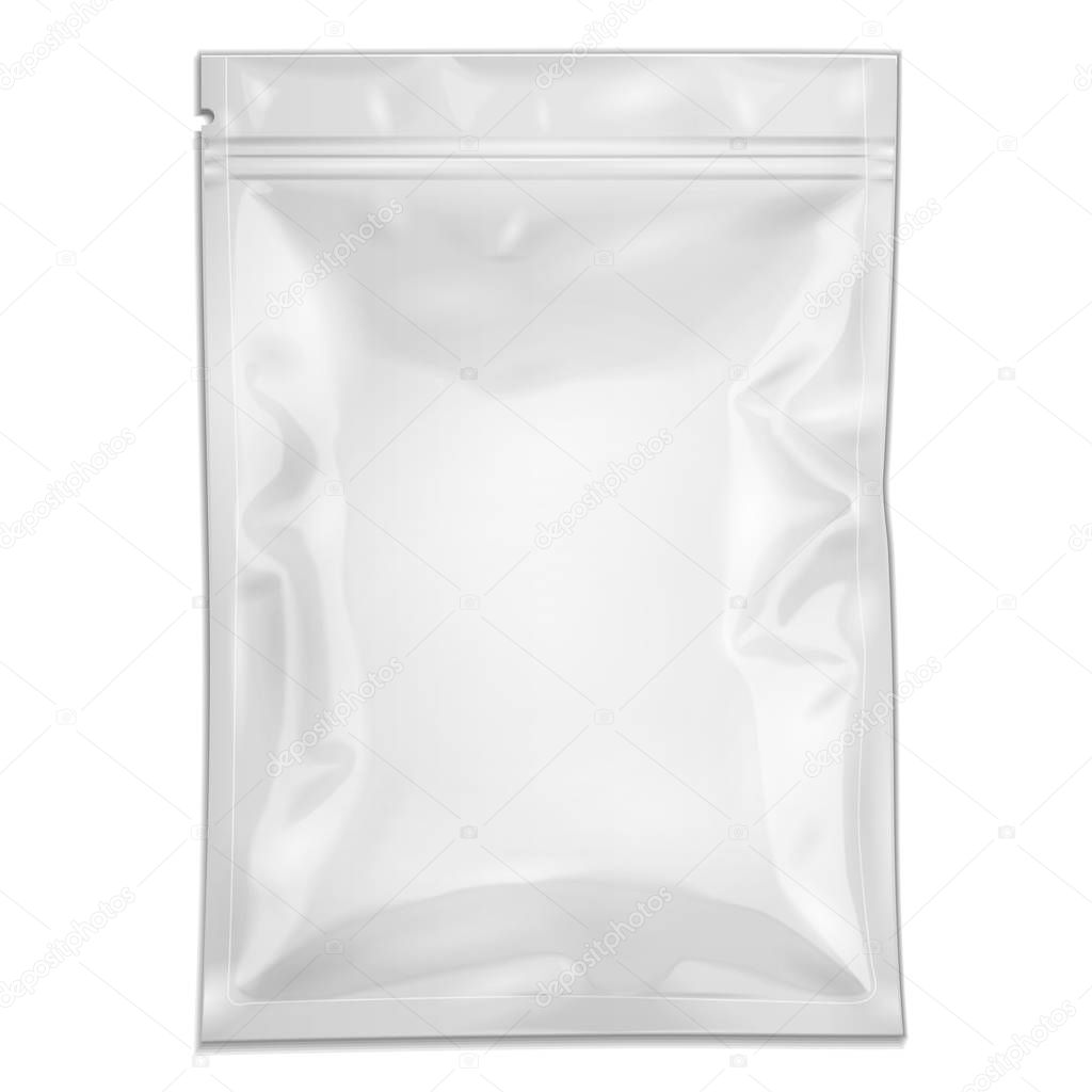 White Blank Filled Retort Foil Pouch Bag Packaging With Zipper. For Medicine Drugs Or Food Product. Illustration Isolated On White Background. Mock Up Template Ready For Your Design. Vector EPS10