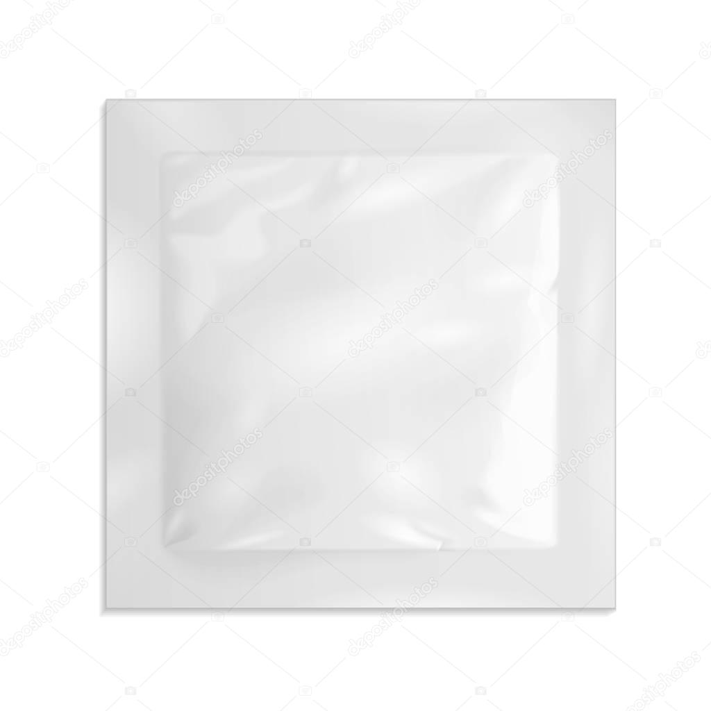 White Blank Retort Foil Pouch Packaging Medicine Drugs Or Coffee, Salt, Sugar, Sachet, Sweets Or Condom. Illustration Isolated On White Background. Mock Up Template Ready For Your Design. Vector EPS10