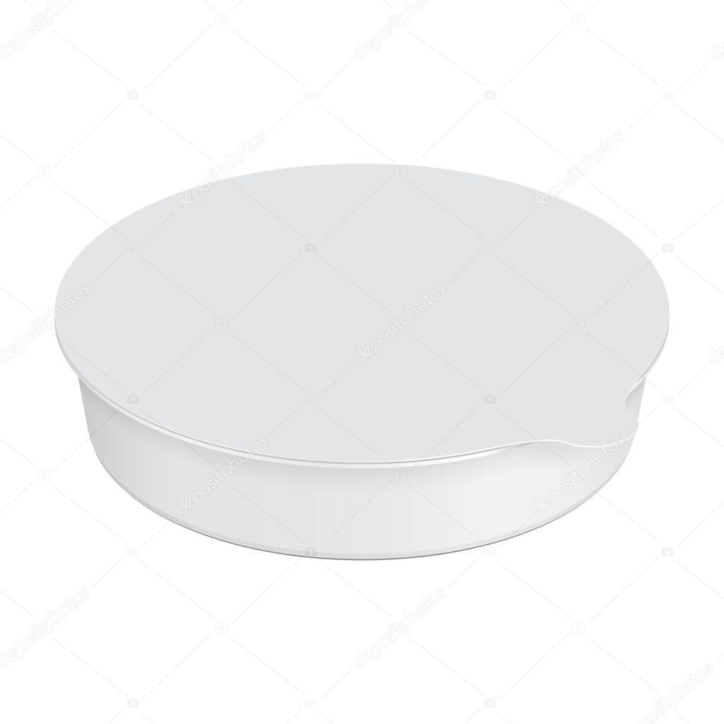 White Round Empty Blank Styrofoam Plastic Food Tray Can Container Box, Cover. Illustration Isolated On White Background. Mock Up Template Ready For Your Design. Vector EPS10