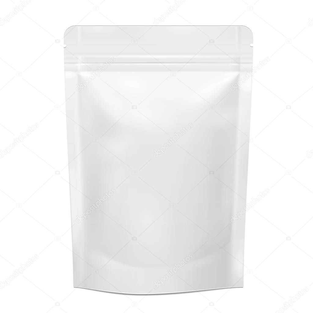 White Blank Foil Food Doy Pack Stand Up Pouch Bag Packaging With Zipper. Illustration Isolated On White Background. Mock Up, Mockup Template Ready For Your Design. Vector EPS10