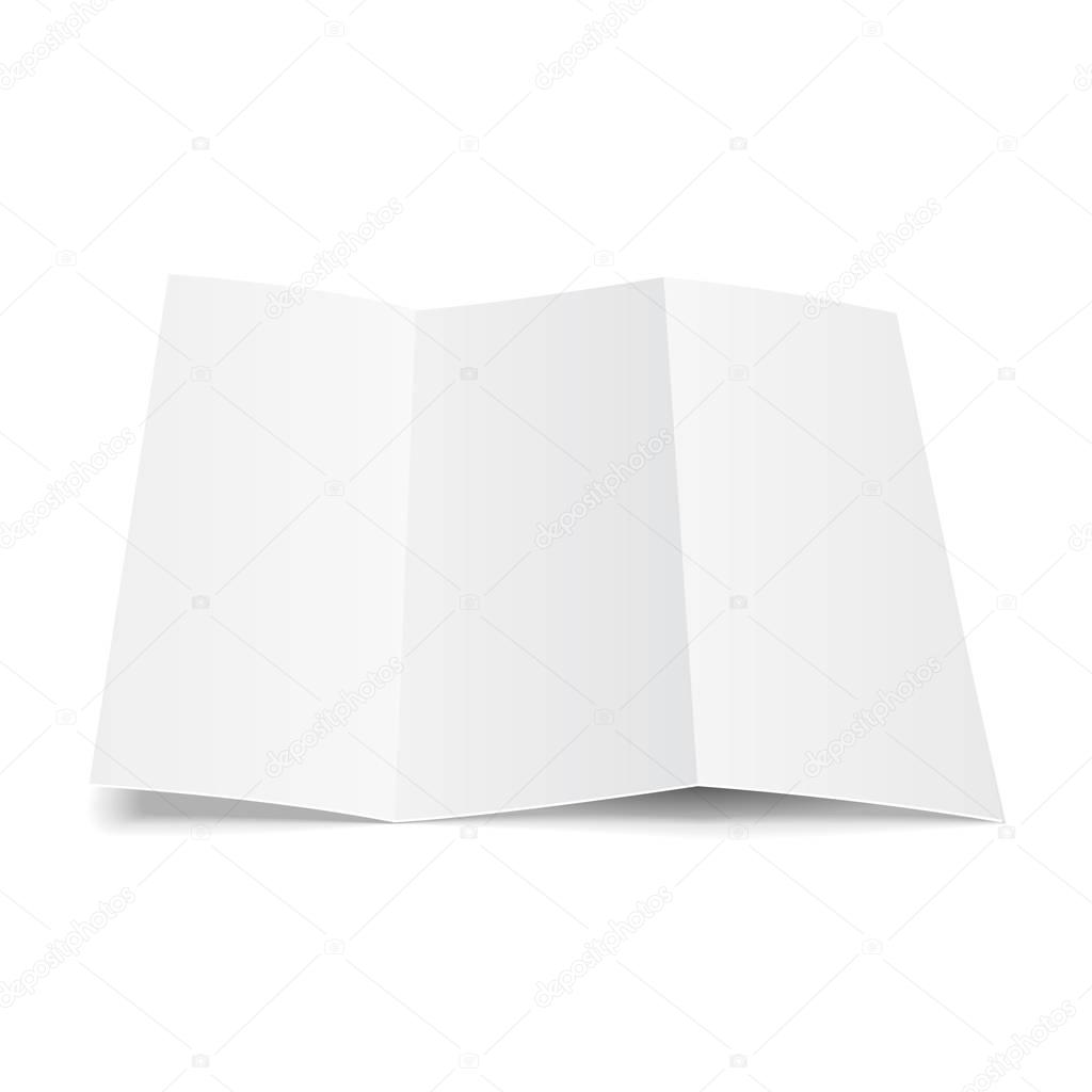 Blank Trifold Paper Leaflet, Flyer, Broadsheet, Flier, Follicle, Leaf A4 With Shadows. On White Background Isolated. Mock Up Template Ready For Your Design. Vector EPS10