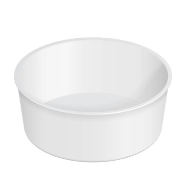 Beyaz plastik gıda tepsisi konteyner kutuyu açtın, boş boş strafor kapak yuvarlak. İllüstrasyon izole beyaz arka plan üzerinde. Şablon hazır tasarımınız için alay. Vektör Eps10