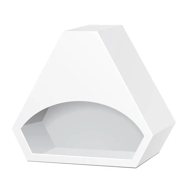 Caja blanca troquelada Hexagon Triangle Carry Box Bag Embalaje con ventana para alimentos, regalos u otros productos. Sobre fondo blanco aislado. Listo para tu diseño. Producto Embalaje Vector EPS10 — Vector de stock