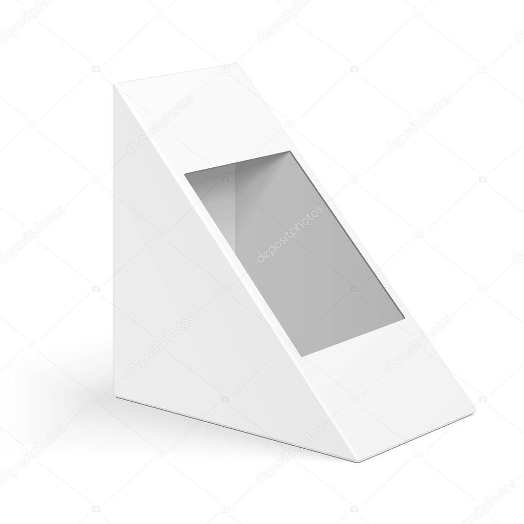 White Cardboard Triangle Box Packaging For Sandwich, Food, Gift Or Other Products. Illustration Isolated On White Background. Mock Up Template Ready For Your Design. Product Packing Vector EPS10