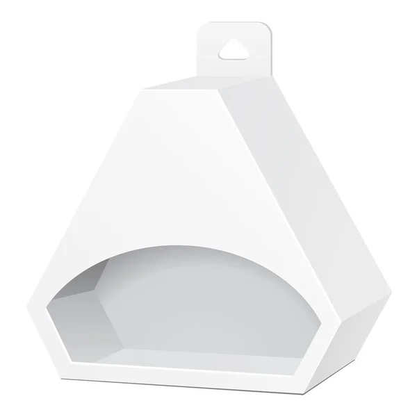 Bílá kartonová šestiúhelník trojúhelník Carry krabicové balení pytel zavěsit slot pro potraviny, dárky a jiné produkty. Na bílém pozadí, samostatný. Připraven pro váš návrh. Eps10 vektor balení produktu — Stockový vektor