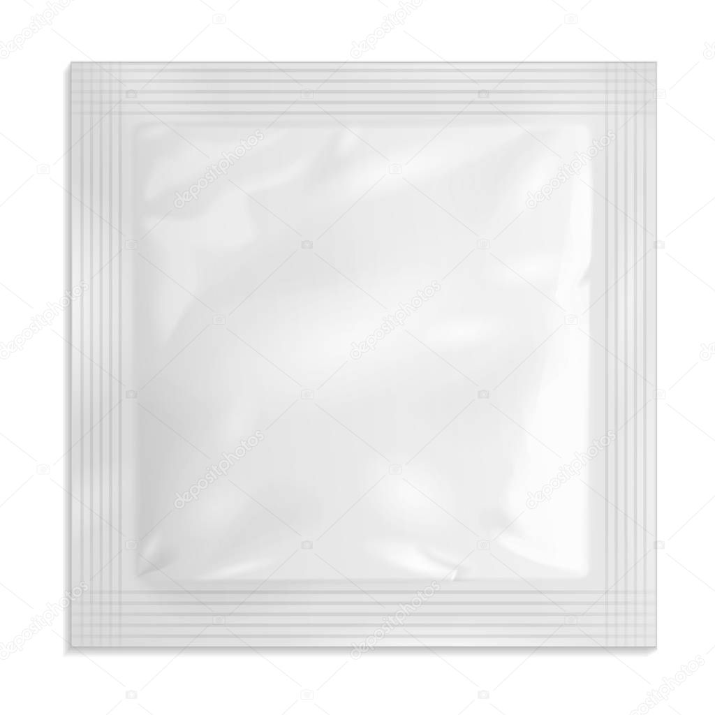 White Blank Retort Foil Pouch Packaging Medicine Drugs Or Coffee, Salt, Sugar, Sachet, Sweets Or Condom. Illustration Isolated On White Background. Mock Up Template Ready For Your Design. Vector EPS10