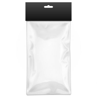 Gölgeli, beyaz, siyah, boş, plastik bir cep çantası. Şeffaf. Hang Slot ile. Beyaz arka planda izole edilmiş bir resim. Tasarımınız için şablonu hazırlayın. Vektör EPS10