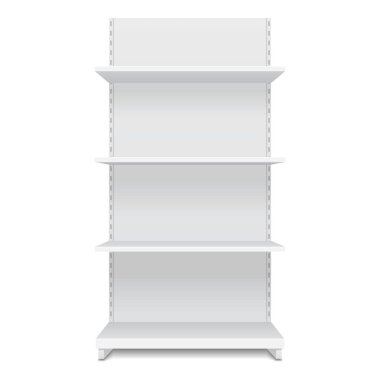 Satış raflarıyla Beyaz Boş Vitrin Gösterimi. Ön Görünüm 3 boyutlu. Beyaz arka planda izole edilmiş bir resim. Tasarımınız için şablonu hazırlayın. Ürün Paketleme Vektörü EPS10