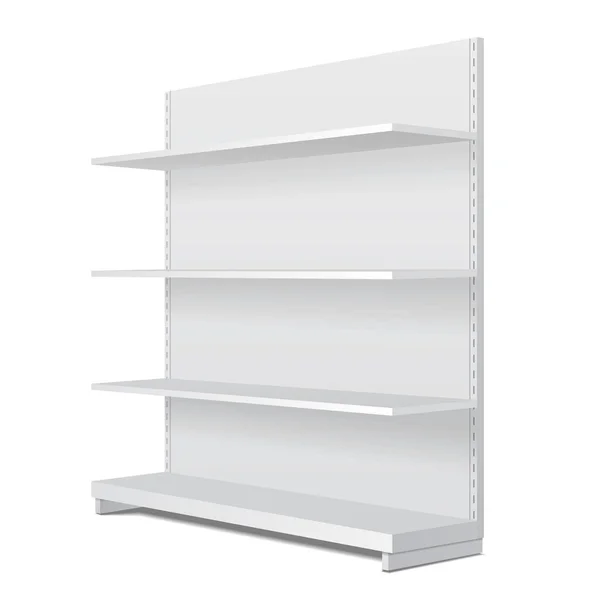 Perakende raflarında beyaz uzun boş boş vitrin ekran. 3d perspektif görüntülemek. İllüstrasyon izole beyaz arka plan üzerinde. Şablon hazır tasarımınız için alay. Ürün reklam. Vektör Eps10