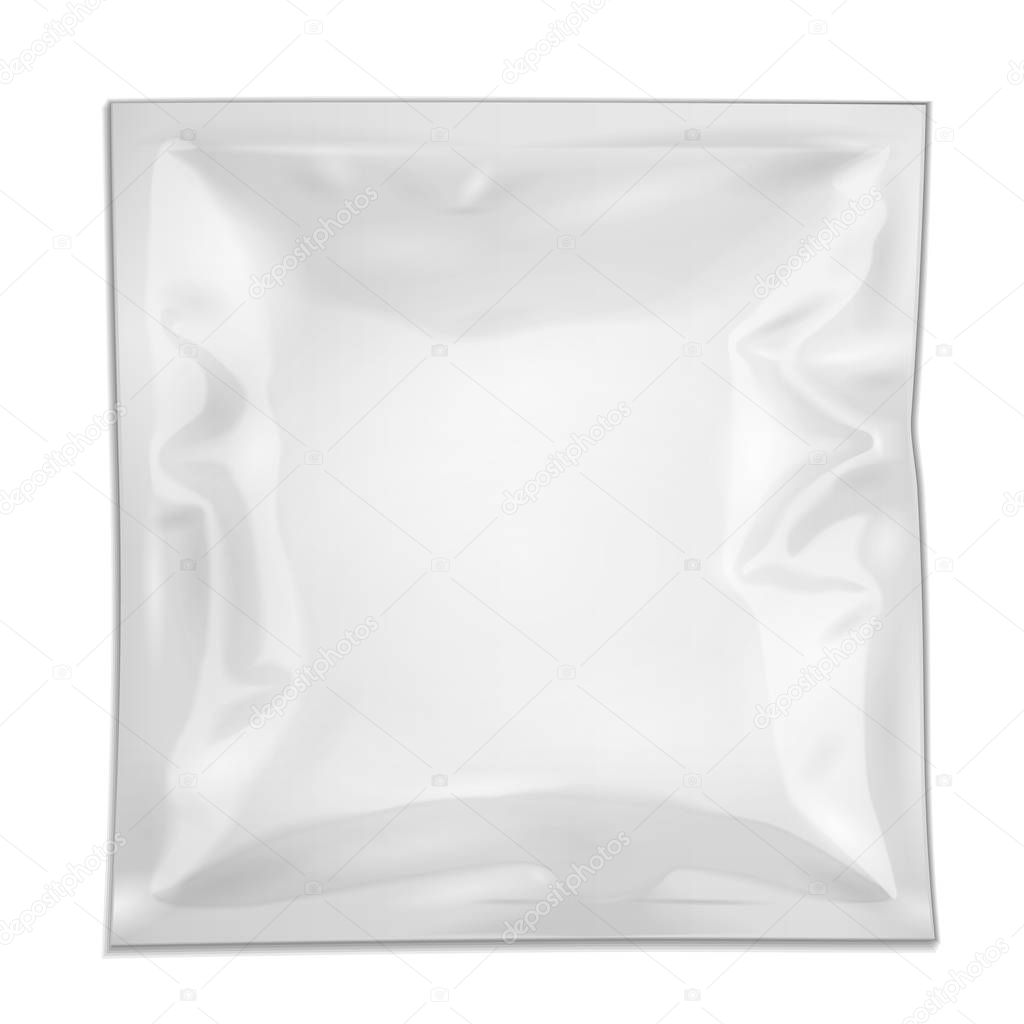 White Blank Filled Retort Foil Pouch Bag Packaging With Zipper. For Medicine Drugs Or Food Product. Illustration Isolated On White Background. Mock Up Template Ready For Your Design. Vector EPS10