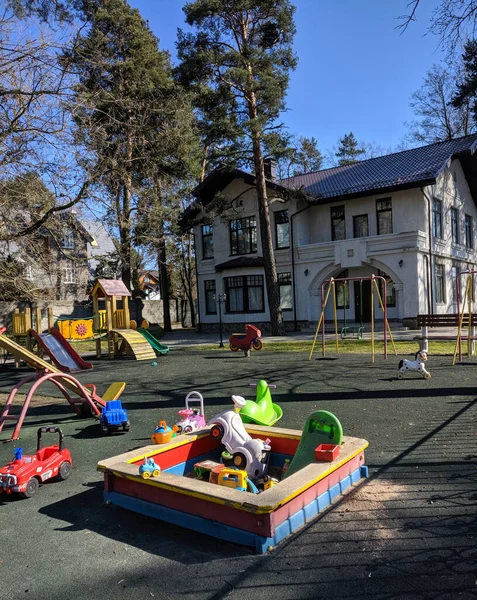 Playground closed during coronovirus pandemic. May sunny day in Russia.