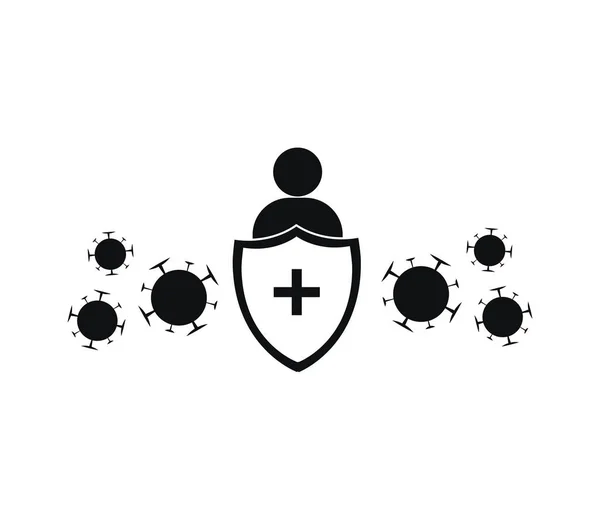 Logo d'icône vectorielle du système immunitaire. Protection contre le virus des bactéries. Prévention médicale germe humain. Un homme en bonne santé réfléchit une attaque bactérienne avec bouclier. Stimuler l'immunité avec la médecine illustration de concept — Image vectorielle