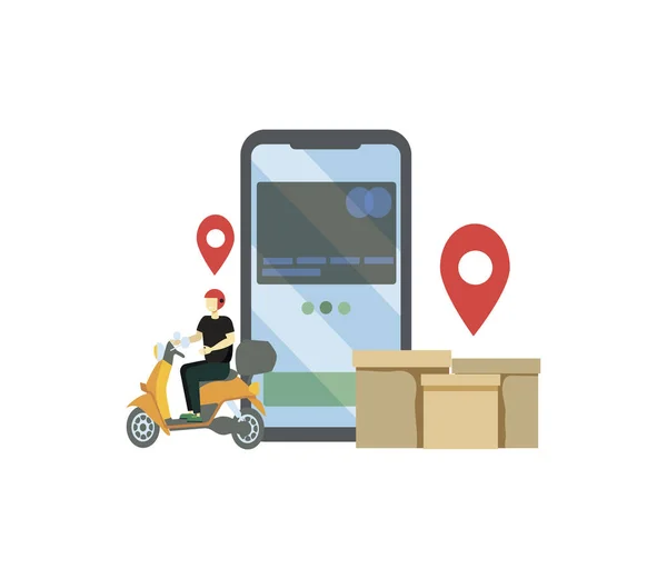 Online Delivery Service Web Banner Mall. Kurir på Scooter Levererar paketlåda. Smartphone med mobilapp för leveransspårning. Smart logistiskt koncept. Platt Isometrisk Vektor Illustration. — Stock vektor