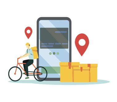 Çevrimiçi Teslimat Hizmeti Web Sancak Şablonu. Scooter Teslimat Paketi 'nin kuryesi. Mobil Teslimat Uygulaması ile akıllı telefon. Akıllı Lojistik Konsepti. Düz Isometric Vektör İllüstrasyonu.