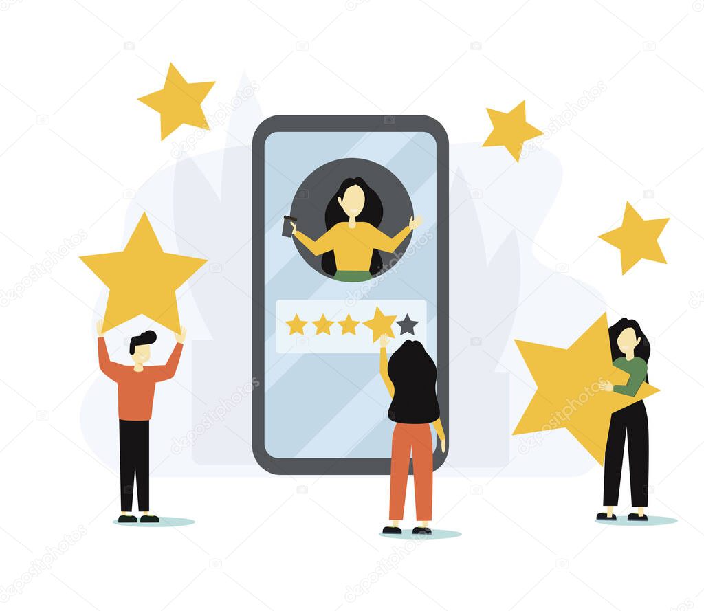 Group of people leaving five star rating and giant smartphone. Customer experience and satisfaction, positive feedback, product or service review and evaluation. Modern flat vector illustration.