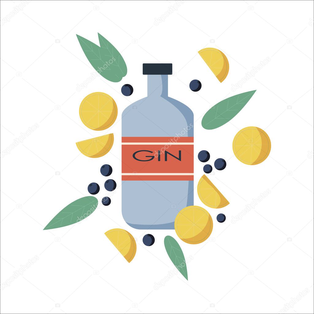 Vector Illustration of Gin Bottle. Vector image of an alcohol bottle in flat style. Distilled drink. Gin. Strong alcoholic drink for making cocktails. Appetizing school drink. Isolated vector image.