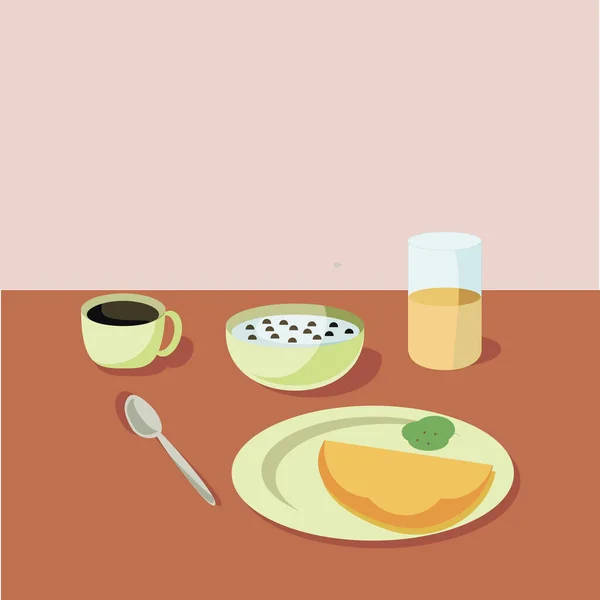 Vektorfrühstückskonzept mit Speisen und Getränken mit flachen Symbolen im Kreis. Frühstückskomposition Sandwich und — Stockvektor