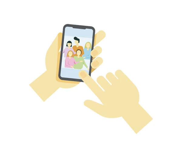 Handen die een mobiele telefoon vasthouden met gelukkige jongens en meisjes op het scherm. Vrienden poseren voor selfie, groep vrolijke — Stockvector