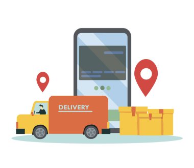 Çevrimiçi Teslimat Hizmeti Web Sancak Şablonu. Araba Teslimat Paketi Kutusunda Kurye. Mobil Teslimat Uygulaması ile akıllı telefon. Akıllı Lojistik Konsepti. Düz Isometric Vektör İllüstrasyonu.