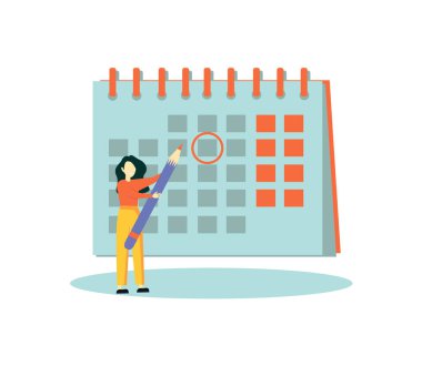 Kadın kontrol takviminin karikatür vektör illüstrasyonunun not, çalışma ve gündüz planlama üzerine bir planı var. Beyaz arkaplanda kadın insan karakteri.