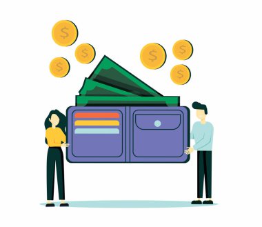 Mutlu adam ve kadın, içinde para ve kredi kartları olan kocaman bir cüzdan tutuyorlar. Aile bütçesi ve finans konsepti. Ev tasarrufları ve yatırımlar. Modern vektör illüstrasyonu.