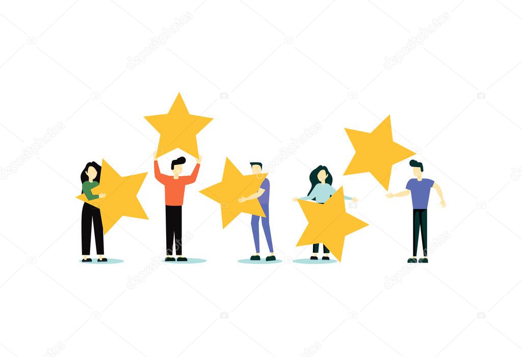 Happy people are holding review stars over their heads. Five stars rating. Customer review rating and client feedback concept. Modern vector illustration.