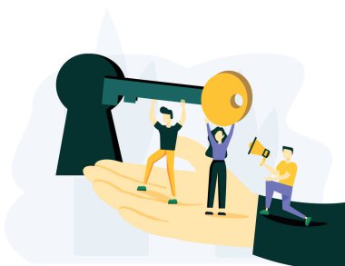 Vektör illüstrasyon, başarının anahtarı yaratıcı kavram fikri, takım çalışması. Ticari grafiklerin yaratıcı temsili, şirket kolon grafiklerinin ortak inşası, başarıya giden kariyerin yükselişi, düz renk simgeleri, iş dünyası...