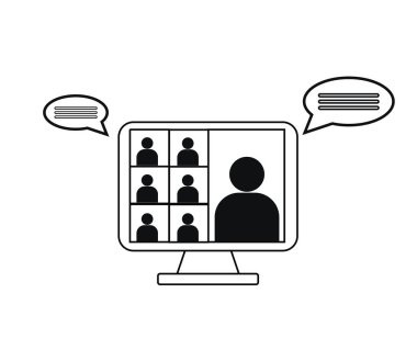 Video konferans ikonu. Bilgisayar ekranındaki insanlar. Karantina zamanındaki merkez ofis. Dijital iletişim. İnternet öğretim medyası.