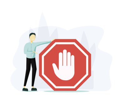 Dur işareti vektör illüstrasyonu. Çok küçük bir yasaklama, jest insanı konsepti yok. Sembolik uyarı, tehlike ya da güvenlik uyarısı bilgileri. Yasak giriş veya yasaklanmış alan yasağı veya engellenmiş yol uyarısı.