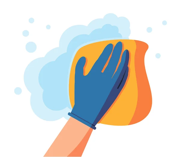 Bir ev işçisinin elindeki peçeteyi temizlemek. Kumaşlı mendil, sarı mikrofiber, mavi eldiven. Oda servisi. — Stok Vektör