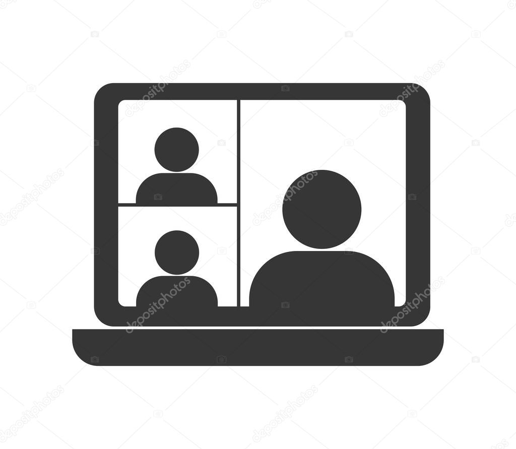 Video conference icon. People on computer screen. Home office in quarantine times. Digital communication. Internet teaching media.