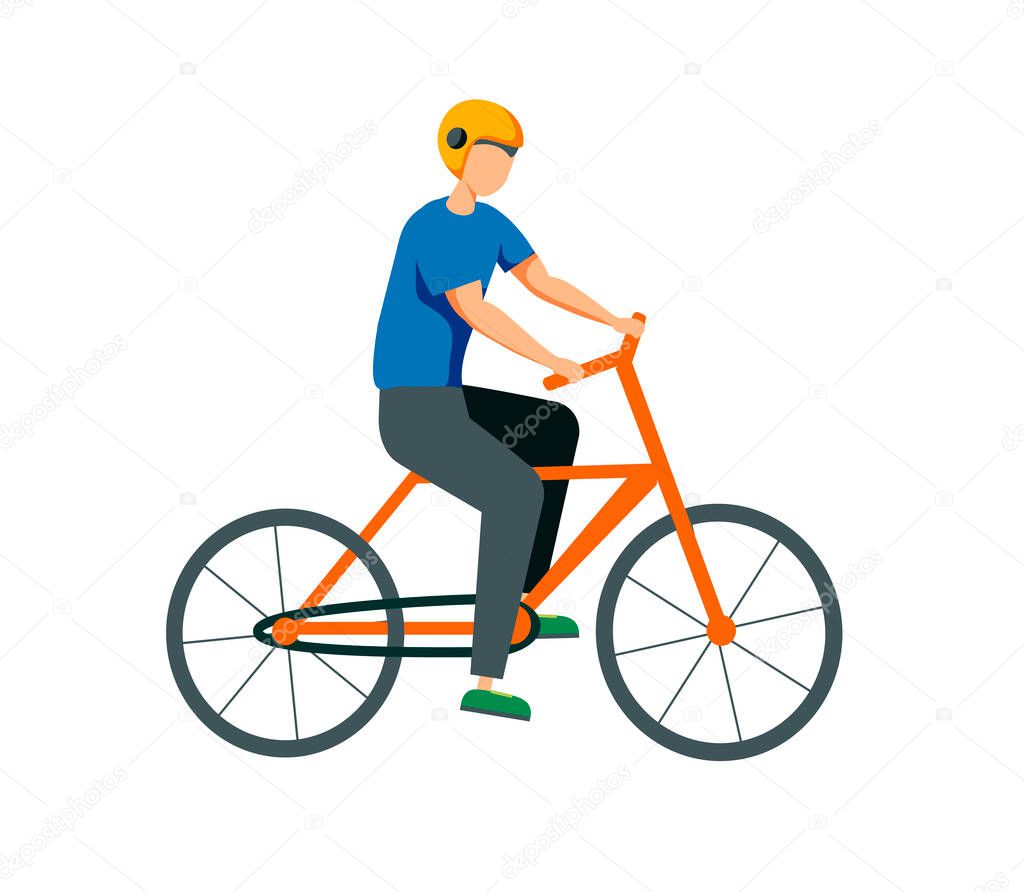 Cyclist cartoon character. Happy man riding bicycle in special clothes, outdoor leisure activity and travel vector concept