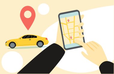 Akıllı telefon uygulaması ile kontrol edilen otonom kablosuz park uzaktan kumandalı araba paylaşım servisinin vektör çizimi. Modern şehir siluetinde akıllı elektrikli arabanın yerini gösteren telefonları tutan eller..