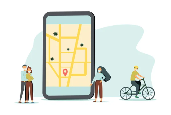 Smartphone Hälsa Virus Spårning Plats App Med Människor Bär Skydd — Stock vektor