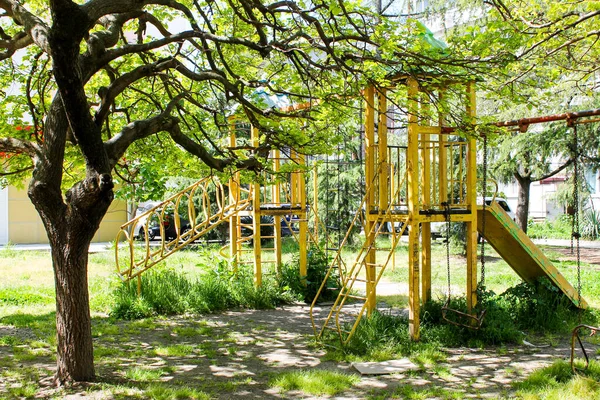 Empty Playground Quarantine Isolation Empty Playgrounds Overgrown Grass One Children — Stock Photo, Image