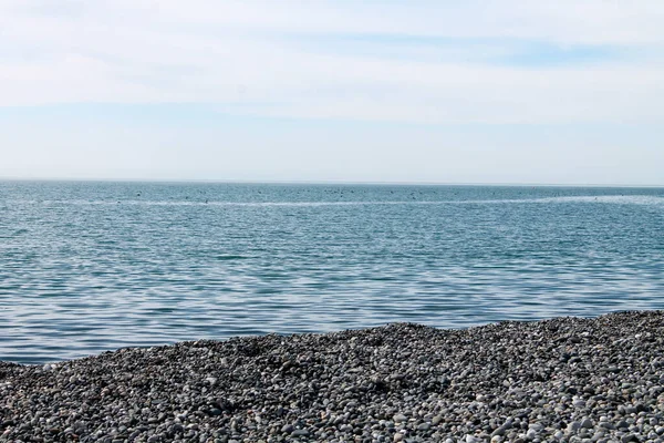 Sakin mavi deniz çakıl taşı plajı berrak gökyüzü parlak ışık