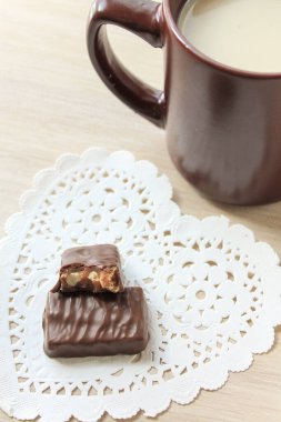 Kahvaltıda sütlü kakao ve çikolatalı şeker.