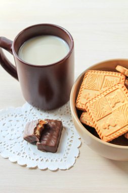 Kahvaltıda sütlü kakao ve çikolatalı şeker.