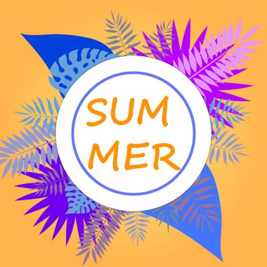 Palmiye yaprakları ve egzotik bitkilerle yazlık tropikal afişler. .Vektör illüstrasyon tasarım tebrik kartları, kartpostallar