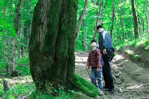 Familie Mit Kindern Wandern Wald Touristen Reisen Durch Die Wälder — Stockfoto