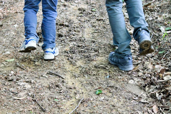 Túracipős Lábak Egy Közeli Erdőben Sétálnak Úton Gyermekes Család Erdőn — Stock Fotó