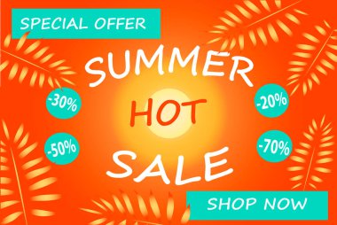 Yaz indirimi, büyük indirimler. Güneş ve tropik palmiye yapraklarıyla parlak yaz tasarımı. Pankart, broşür, davetiye, poster, web sitesi veya tebrik kartı için parlak renkli tasarım.
