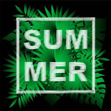 Çerçeveli güzel bir yaz, beyaz arka planda yeşil palmiye yaprakları. Pankart, el ilanı, davetiye, poster, web sitesi veya tebrik kartı için baskı şablonu tasarla..