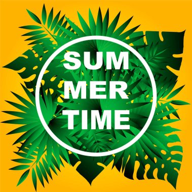 Çerçeveli güzel bir yaz zamanı, güneşli bir arka planda yeşil palmiye yaprakları. Pankart, el ilanı, davetiye, poster, web sitesi veya tebrik kartı için baskı şablonu tasarla..