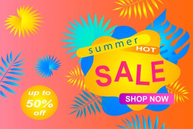 Yaz indirimi afişi, tropikal yapraklı sıcak sezon afişi için indirimli poster. % 50 indirimli alışveriş davetiyesi, özel teklif kartı, tasarım şablonu