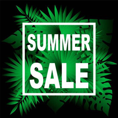 Yaz indirimi afişi, tropikal yapraklı sıcak sezon afişi için indirimli poster. Dükkan için davetiye, özel teklif. 