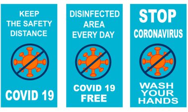 Coronavirus serbest bölge etiketi. Karantina alanı 19. Ellerini yıka, tokalaşma yok, mesafeni koru. Tasarım Bayrağı, Şablon veya Flyer.